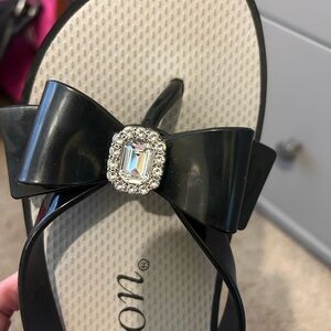 Brighton Black Sandals with Bow and Gem Accent